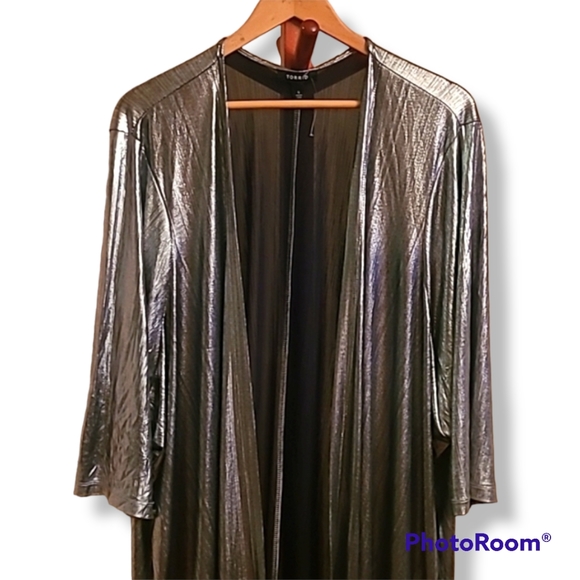 Torrid Holiday Plus Size Metallic Silver Long Line Shine Duster Kimono - Picture 3 of 11